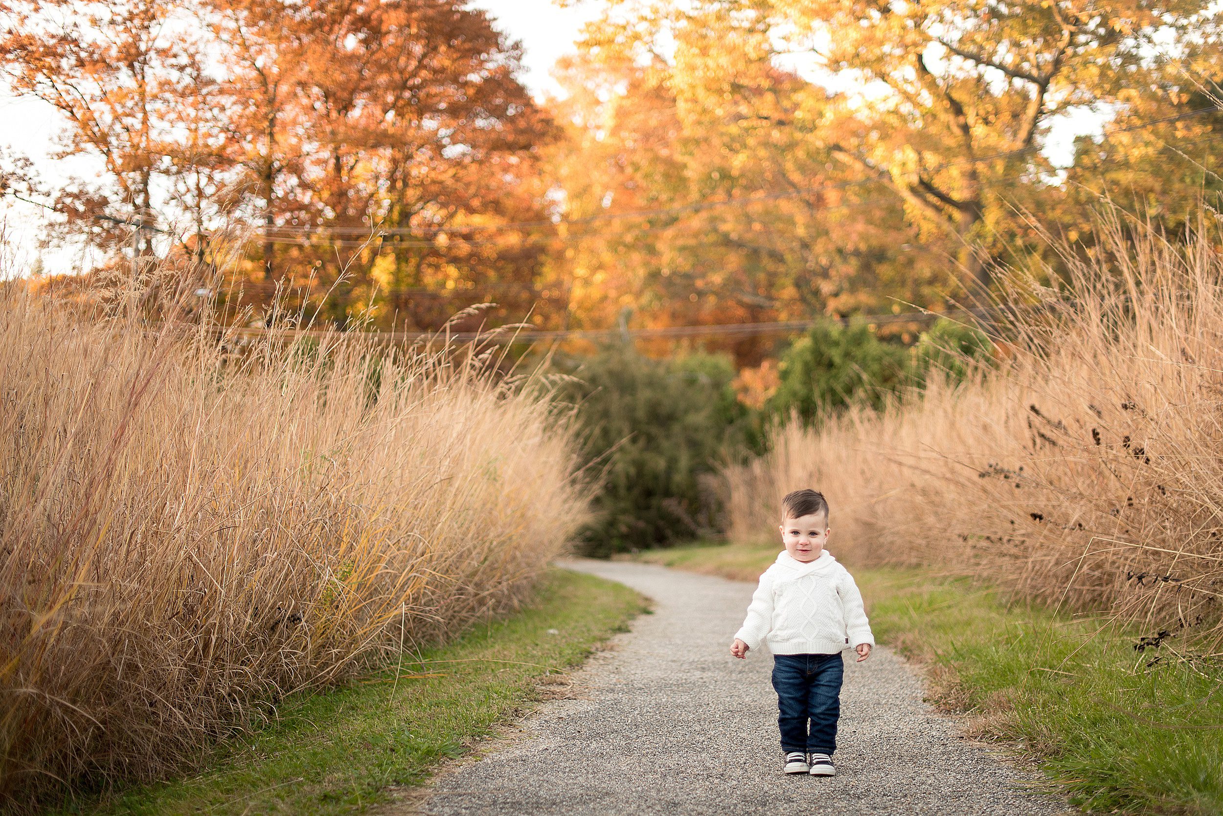 A toddler boy walks down a park path lines with tall grasses in a white sweater