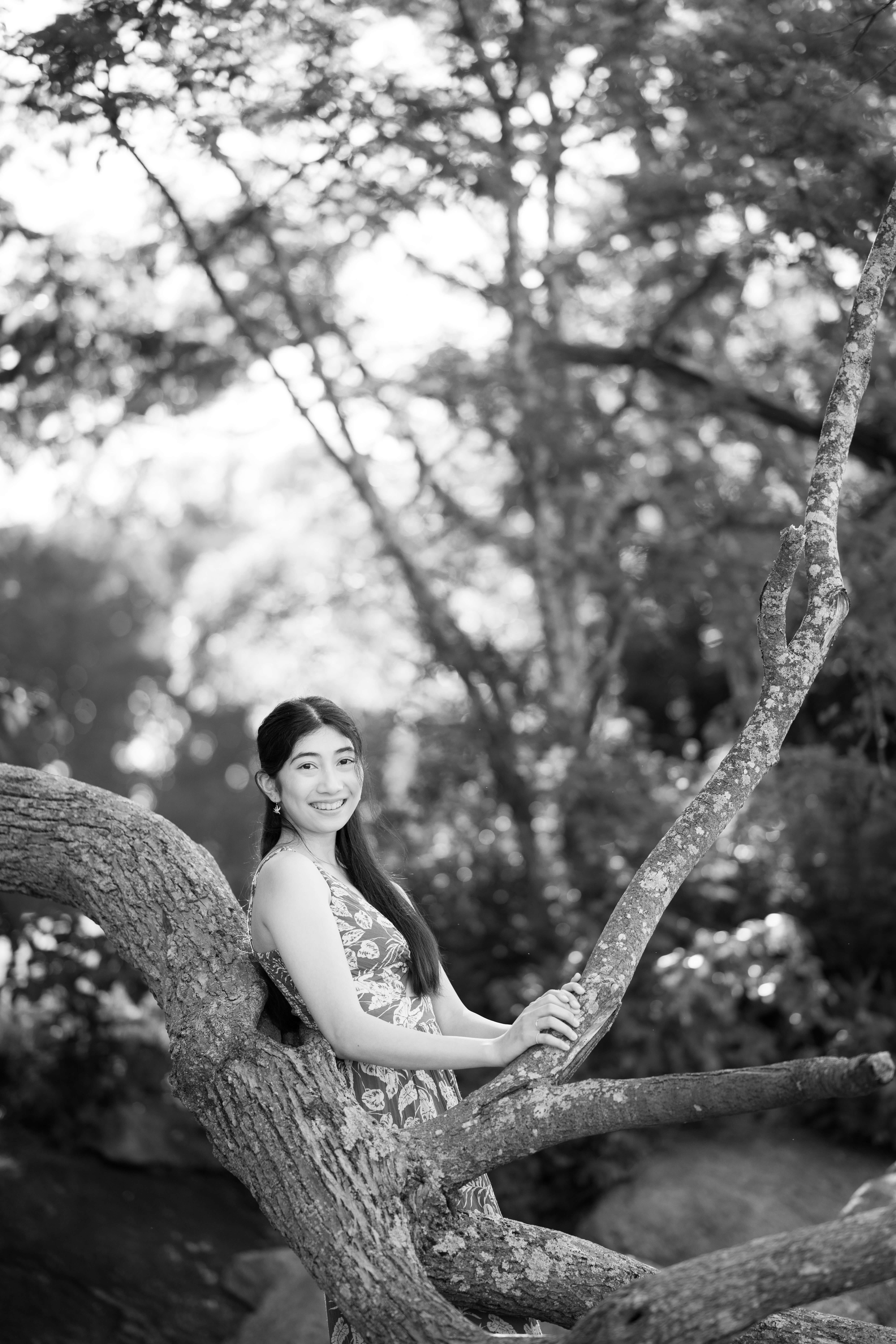 A happy high school senior in a flower print dress leans in a tree branch in a park